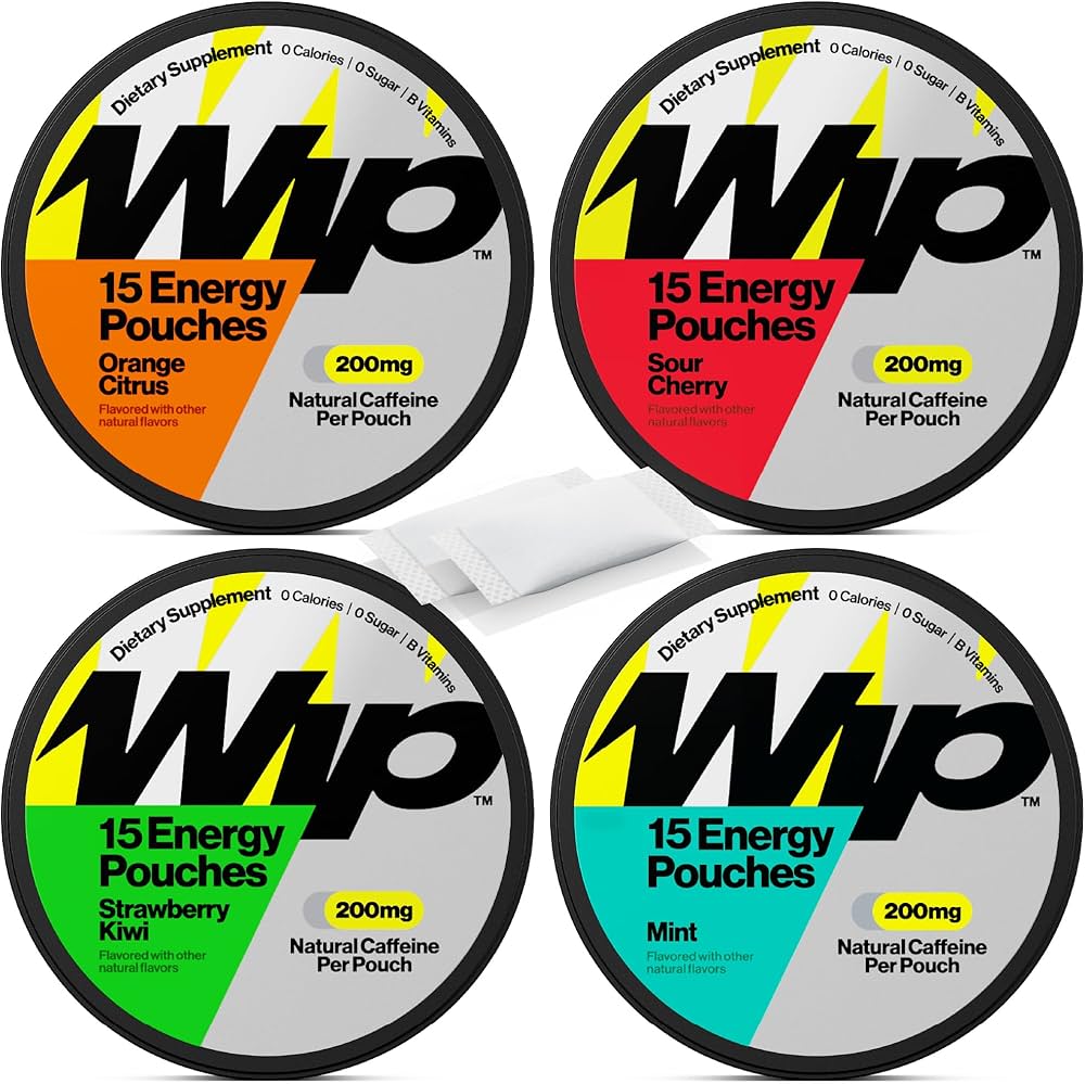 Wip Energy Pouches - | 200mg Natural Caffeine | Vitamins and Minerals | 4 Pack Assorted: Sour Cherry, Mint, Orange Citrus
