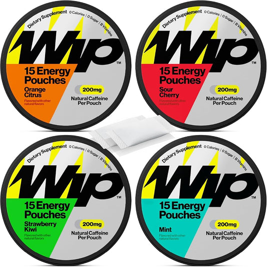 Wip Energy Pouches - | 200mg Natural Caffeine | Vitamins and Minerals | 4 Pack Assorted: Sour Cherry, Mint, Orange Citrus